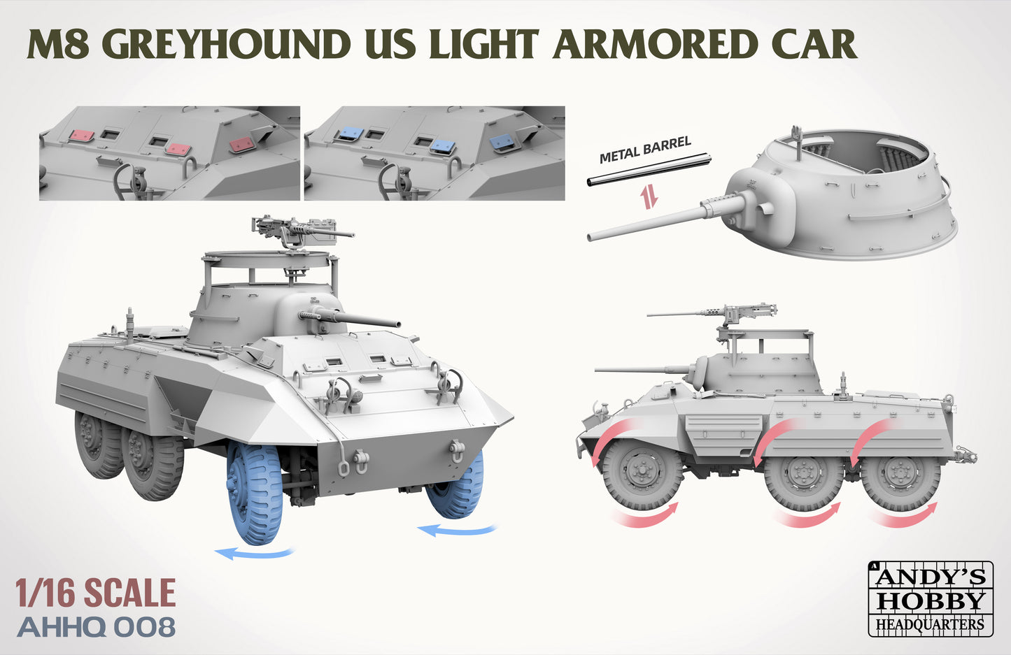 Andy's HHQ x Takom 1/16 M8 Greyhound US Light Armored Car (includes metal barrel and full-body figure) -AHHQ008