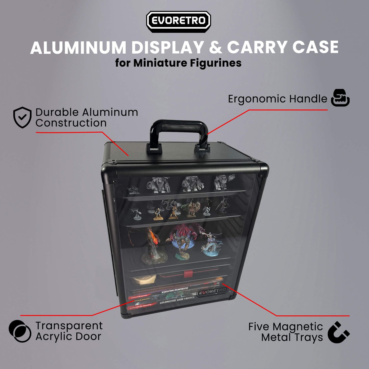 EVORETRO Aluminum Miniatures Display Case with 5 Magnetic Trays